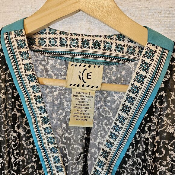 ICE Dress Turquoise Black Green Kimono Style Sash Built In Slip Size 6 - Picture 2 of 9